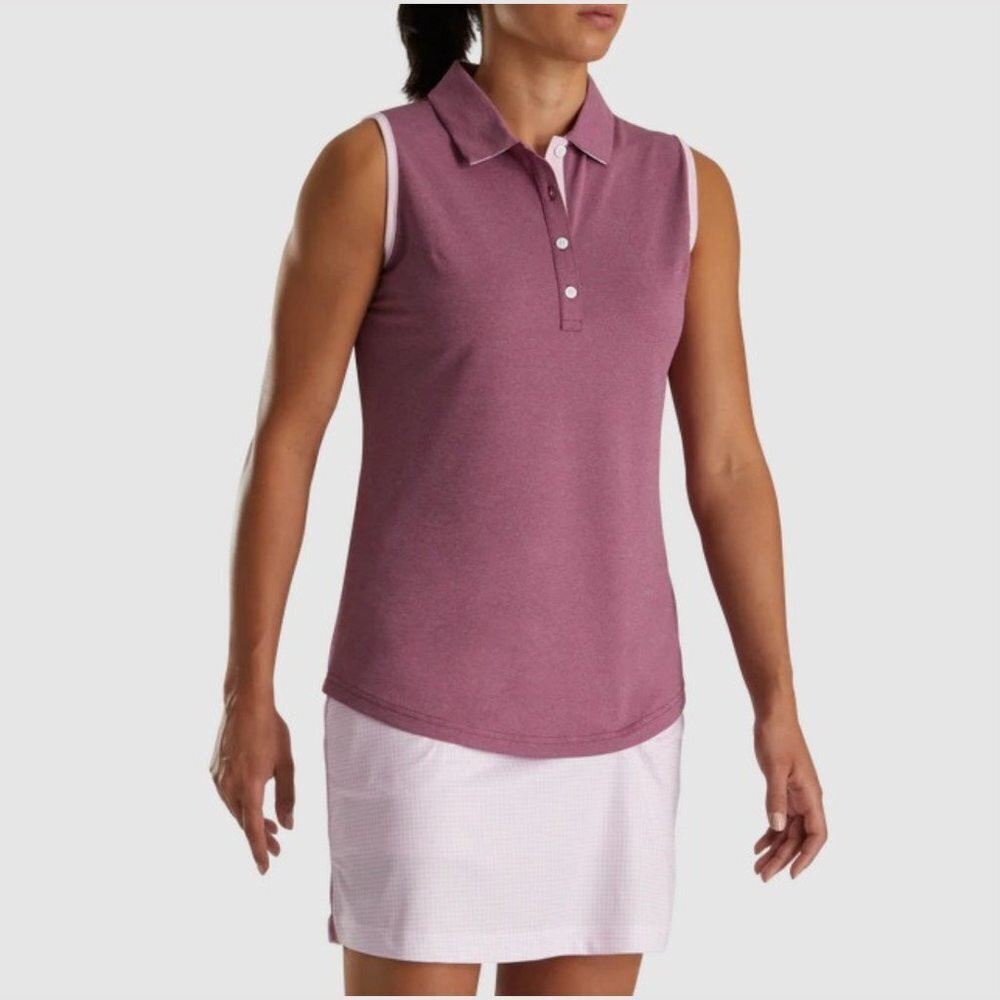 Foot Joy Women's Fig Heather Sleeveless Houndstooth Trim Pique Shirt - L